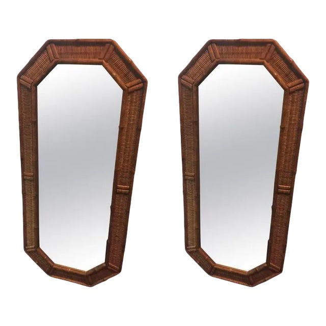 Modern Wood Bamboo and Wicker Elongated Octagonal Mirrors - a Pair For Sale