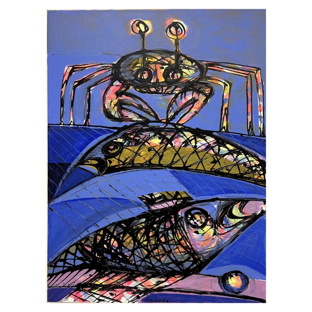 This painting on canvas depicts a crab and two fish on a beach. The composition is rendered in a range of luminous,...