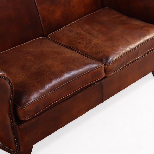 Wood Dutch Art Deco Style Leather Loveseat, 1930s Modernist Form For Sale - Image 7 of 8