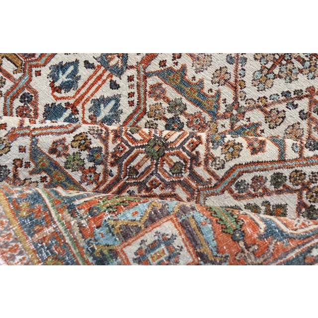 Antique Persian Joshegan Rug in Ivory Background With Blue, Green, & Copper For Sale - Image 10 of 11