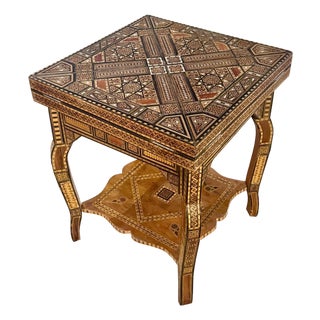 Vintage Marquetry Wood Inlay With Mother of Pearl Folding Game Table For Sale