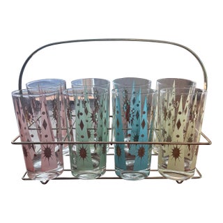 1950s Fred Press Atomic Starburst Glassware - Set of 6 With Original Carrier For Sale