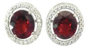 A Pair of 10.5 Carat Garnet Halo Set Cubic Zirconia Accent Solitaire Stud Earrings in 925 Silver
