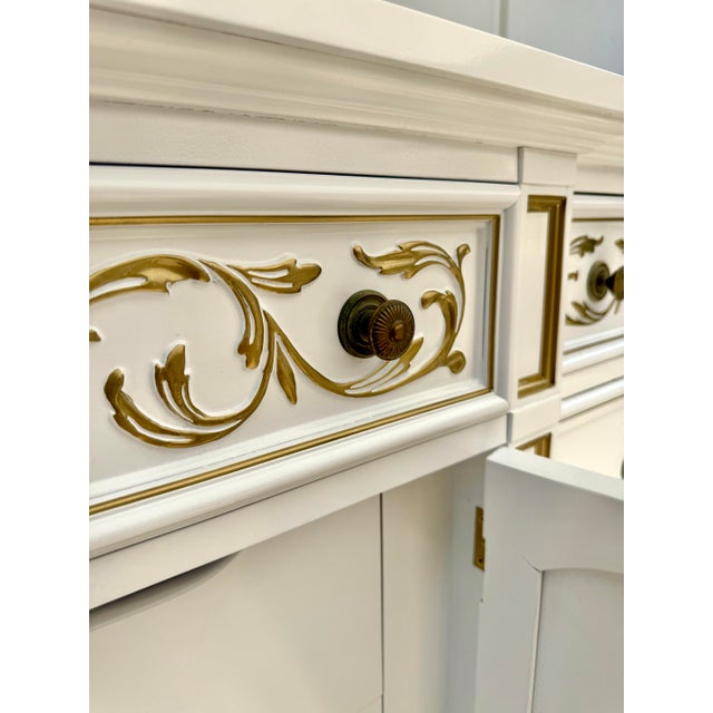 Wood 1970s Thomasville Dresser Credenza Newly Refinished in White With Gold Details For Sale - Image 7 of 11