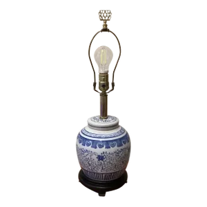 Vintage Asian Blue and White Ceramic Porcelain Lamp With Wood Base