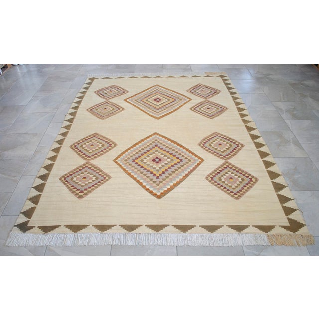 Turkish Silk Rug Kilim Hand Woven Oushak Made Luxury Home Area Rug - 6′4″ × 8′2″ For Sale - Image 15 of 16