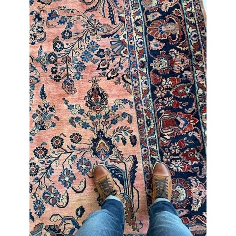 Early 20th Century Antique Botanical Sarouk GEM Salmon, Coral, Pink & Peacock Blue Rug 10.3 x 13.4 For Sale - Image 5 of 14