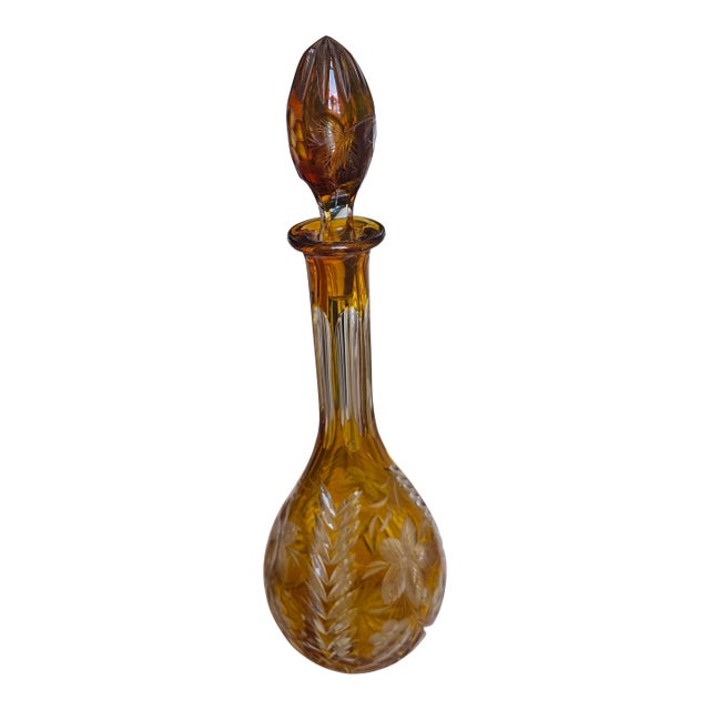Vintage Cut to Clear Amber Decanter For Sale