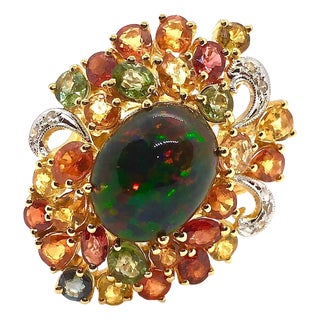 Bochic "Orient" Vintage Diamond, Sapphires & Black Opal Ring Set In 18K Gold & Silver For Sale