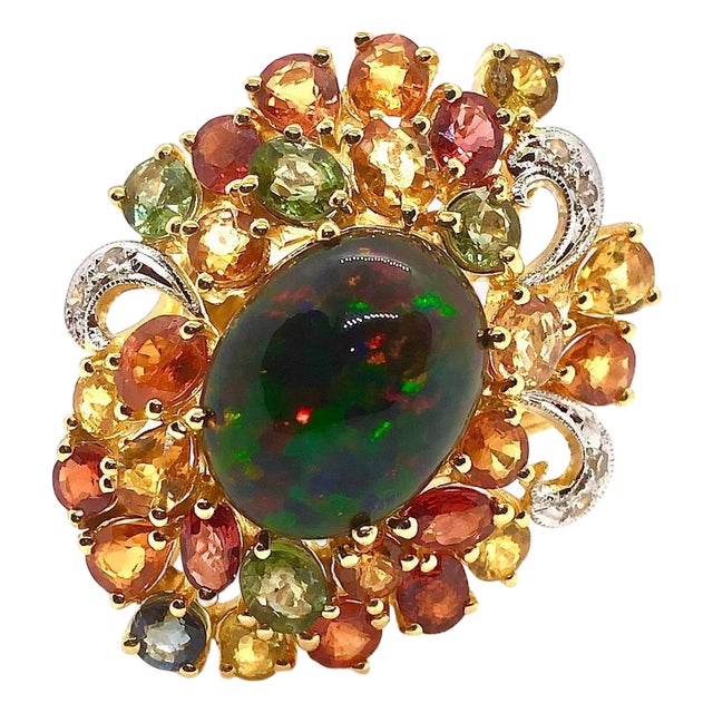 Bochic "Orient" Vintage Diamond, Sapphires & Black Opal Ring Set In 18K Gold & Silver For Sale