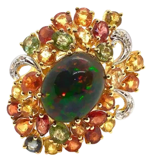 Bochic "Orient" Vintage Diamond, Sapphires & Black Opal Ring Set In 18K Gold & Silver