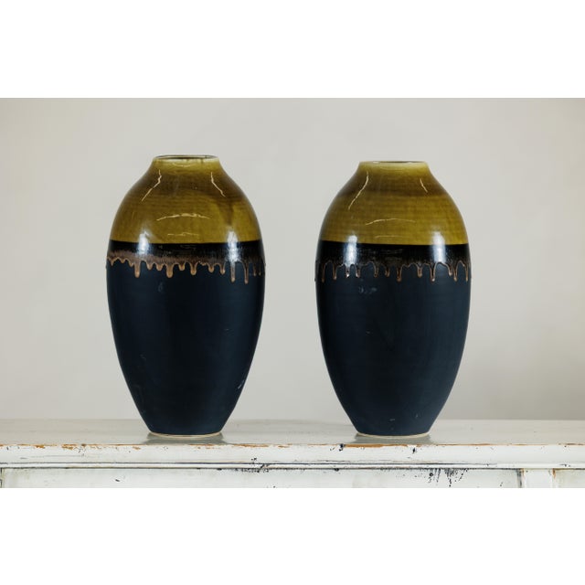 Large Artisan Ceramic Vases with Olive-Taupe and Black Drip Glaze Finish - A Pair For Sale - Image 18 of 18