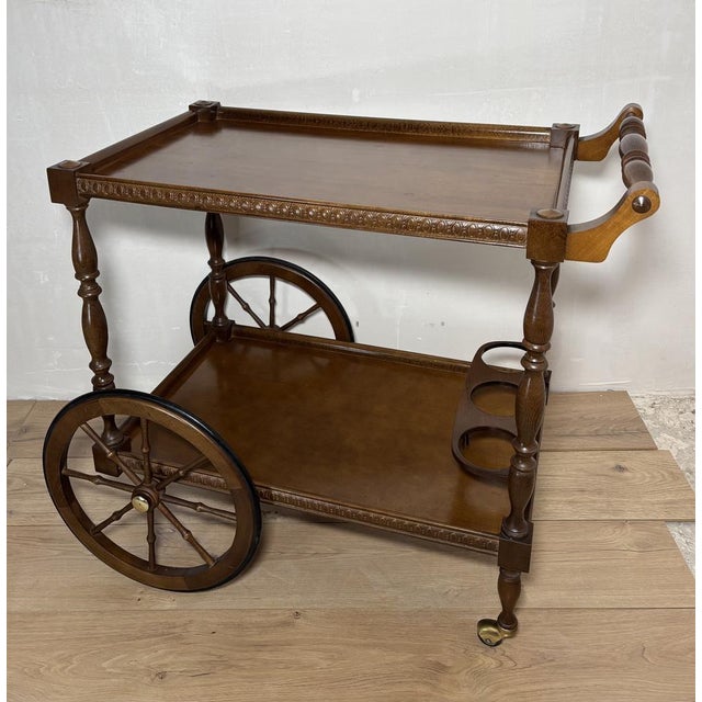 Mid-Century Modern Spanish Wooden Bar Cart with Turned Legs and Bottle Holder, 1940 For Sale - Image 3 of 14