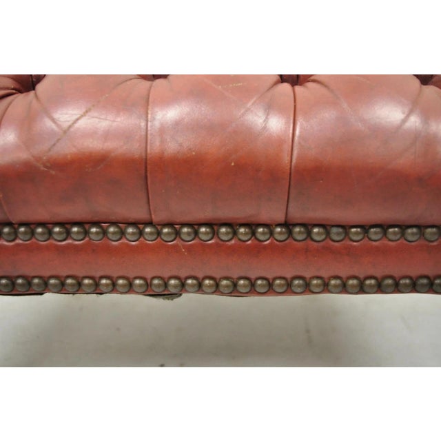 Wood Vintage English Chesterfield Queen Anne Brown Leather Tufted Ottoman Footstool For Sale - Image 7 of 10