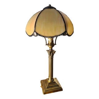Brass Lamp with Corinthian Column and Pâte de Verre Lampshade, 1890s For Sale