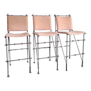 Ilana Goor Style 1970's Vintage Brutalist Iron Leather Stools Set of 3 For Sale