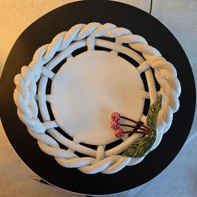 Large 12" Vintage Portuguese Hand-Woven Ceramic Centerpiece Basket With Cherries For Sale - Image 4 of 10