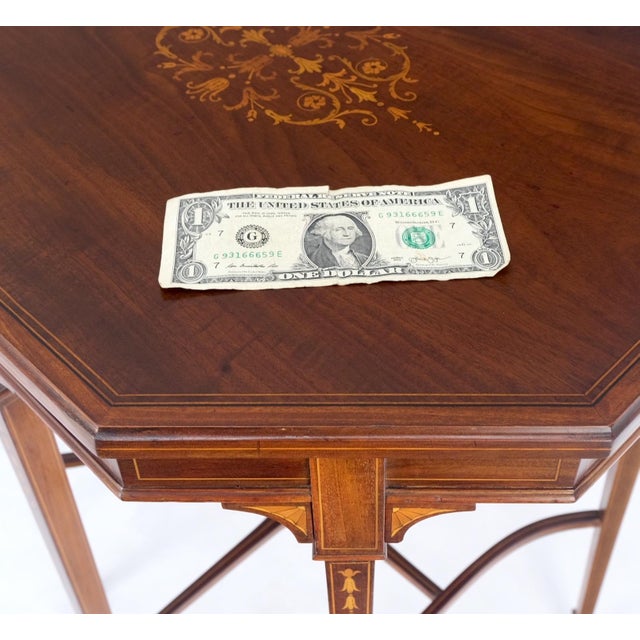 Very Ornate Delicate Lines Walnut Inlay Stretched Hexagon Lamp Side Table Mint For Sale - Image 6 of 16