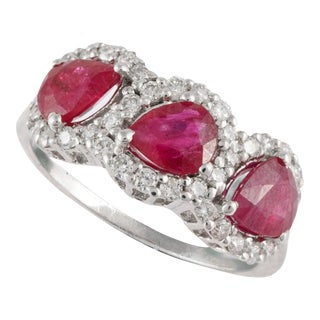 Pear Cut Ruby and Diamond Trilogy Ring in 18k White Gold Size 7 For Sale