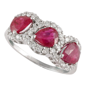 Pear Cut Ruby and Diamond Trilogy Ring in 18k White Gold Size 7
