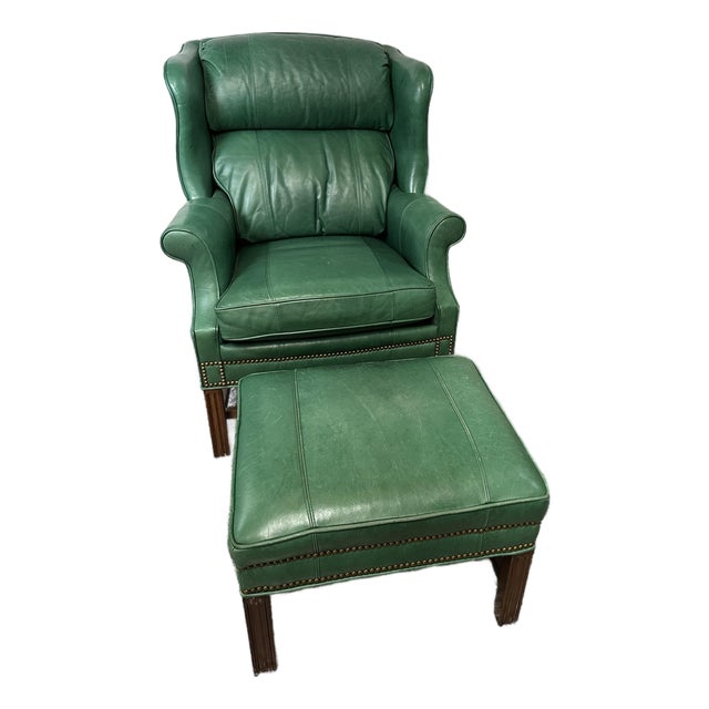 Whitmore Sherrill Furniture Green Leather Chair & Ottoman, 2 Pieces For Sale