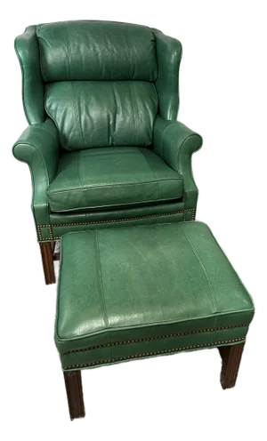 Whitmore Sherrill Furniture Green Leather Chair & Ottoman, 2 Pieces