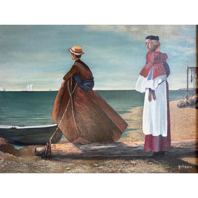 Sky Blue Vintage Mid-Century Coastal Oil Paintings by Gibson – Signed Pair With Provenance For Sale - Image 8 of 14