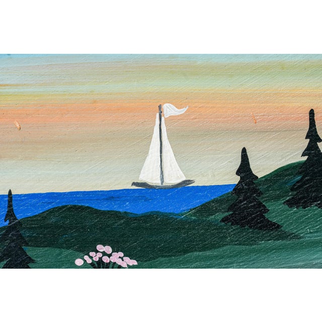 Wood Vintage Folk Art Oil Painting Wood Board New England Coast Scene Country Home Decor For Sale - Image 7 of 17