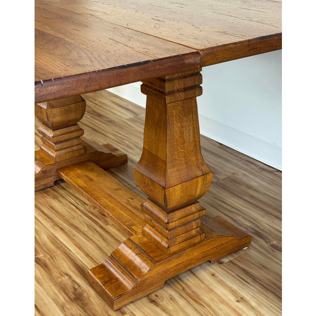 Brown Vintage Solid Wood Tuscan Farmhouse Style Drop Leaf Trestle Table For Sale - Image 8 of 17
