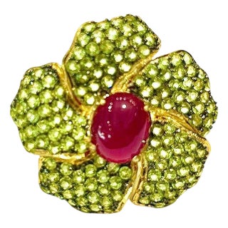 Bochic "Orient" Natural Ruby & Peridot Cocktail Ring Set 18K Gold &Silver For Sale