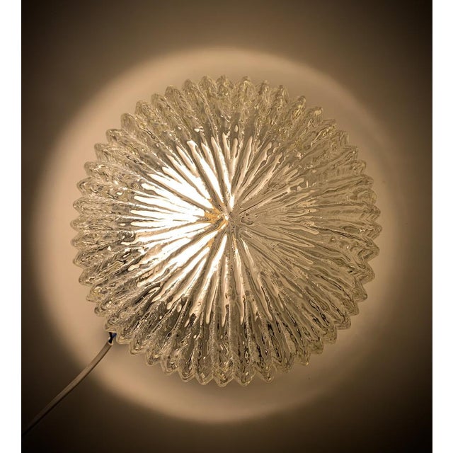 Vintage Ice Glass Flush Mount with Textured Line Pattern, in Flawless conditions. Designed 1970 to 1979 European Plug (up...