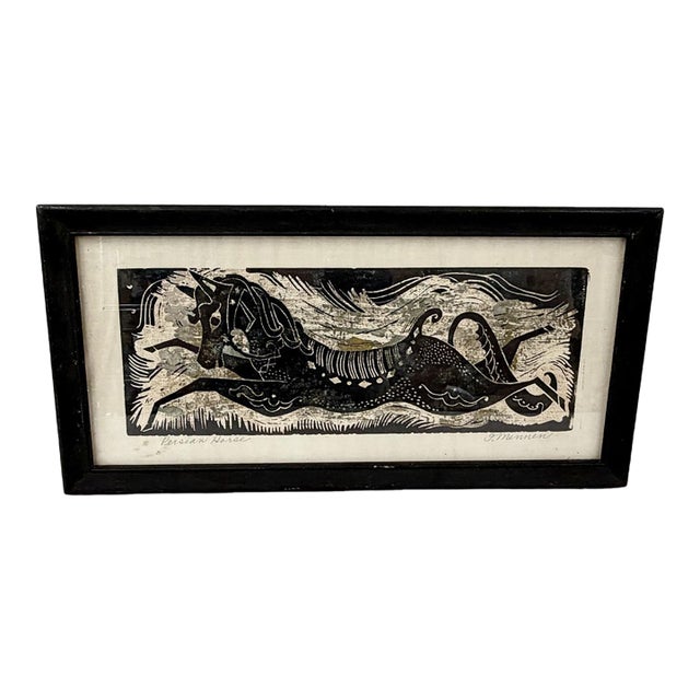 Rare Vintage Fannie Mennen Woodblock Print on Fabric - "Persian Horse" - Framed For Sale