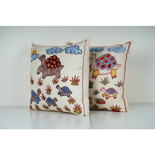 Mid-Century Modern Boho Suzani Turtle Pillow Covers, Embroidered Cotton Cushion Set For Sale - Image 3 of 6