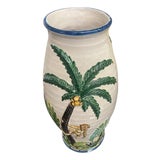 Whimsical Italian Relief Ceramic Monkey & Palm Tree Vase For Sale