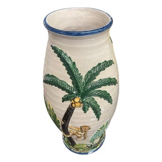 Whimsical Italian Relief Ceramic Monkey & Palm Tree Vase For Sale