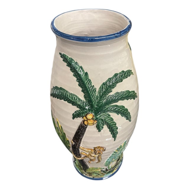 Whimsical Italian Relief Ceramic Monkey & Palm Tree Vase For Sale