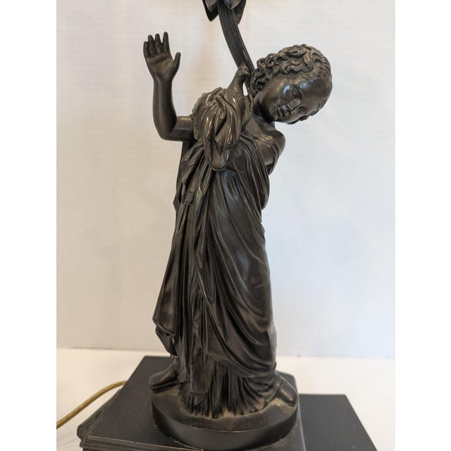 Antique Bronze Lamp Featuring a Girl Holding a Dove by A. Messina For Sale - Image 13 of 14