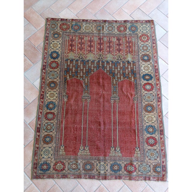 Turkish Ladik Prayer Rug with Three Niches on a Red Background, 1920s For Sale - Image 14 of 15