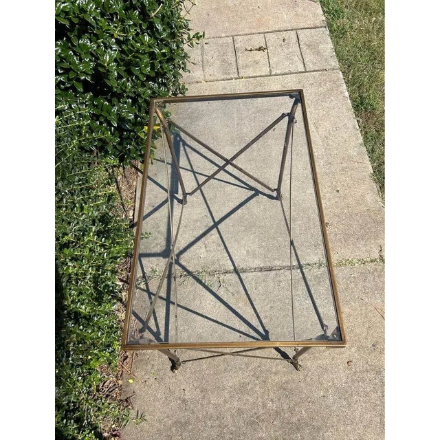 Neoclassical 1970s Neoclassical Empire Style Rectangular Brass Console / Serving Table With Glass Top For Sale - Image 3 of 6