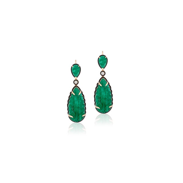G-One' Leaf Shaped Emerald Carved Earrings with Diamonds in 18K Yellow Gold. Approximate Stone Details: Emerald - Size -...