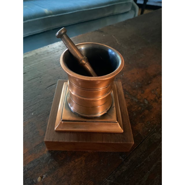 1950s 1950’s Solid Bronze Apothecary Mortar and Pestle Mounted on Solid Walnut Presentation Base. For Sale - Image 5 of 13