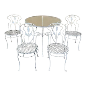 Vintage French Art Nouveau Style Wrought Iron Garden Patio Dining Table & 4 Chairs