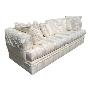 Vintage Vanguard Braided Trim Upholstered Sofa in Cream Silk Blend Stripe For Sale
