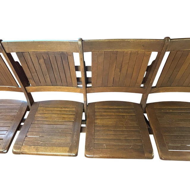 Wood Vintage Four-Seat Folding Slatted Wood Bench, Theater, Waiting Room & Industrial Style Seating For Sale - Image 7 of 10