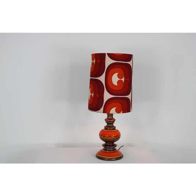 Brown German Ceramic Table Lamp in Warm Orange and Brown Tones with Spacey Fabric Shade, 1970s For Sale - Image 8 of 11