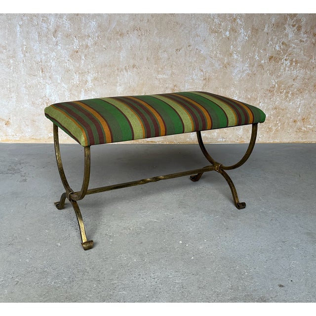 Spanish Hand-Forged Spanish Style Gilt Iron Bench With Striped Cotton Linen Seat For Sale - Image 3 of 14