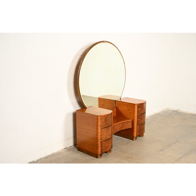 Donald Deskey Donald Deskey Style Art Deco Burl Wood Vanity Dresser With Mirror, Circa 1930s For Sale - Image 4 of 14