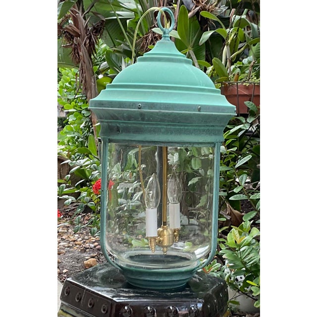 Vintage Solid Brass Bell Lantern With Verdigris Patina – Two-Lights Pendant For Sale - Image 11 of 13