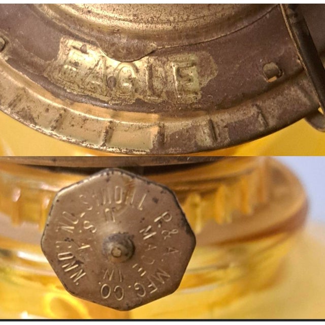 Vintage Amber Glass Kerosene Oil Lamp With P&a Eagle Burner and Chimney For Sale - Image 10 of 11