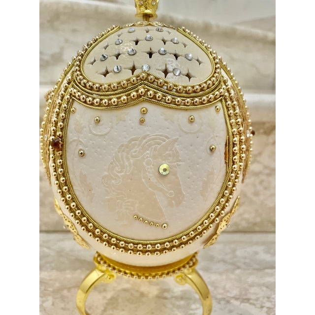 2005 Vintage Fabergé Egg Style XXXXL Pierre Lorren Natural Egg Hand Carved Faberge Style Music Austrian Crystal Pure Gold Deco Handmade 5.1" X 5.9" For Sale - Image 13 of 15